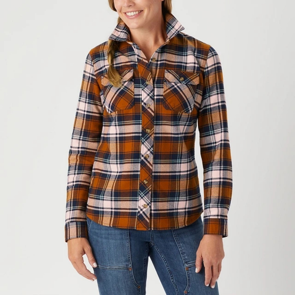 Duluth Trading Co. Orange & Navy Folklore Plaid Flannel Shirt Small